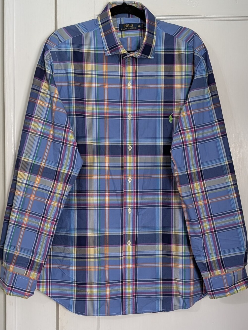 Vtg 90s Polo Ralph Lauren Mens XL Plaid Button Down Shirt Neon Pony Long Sleeve